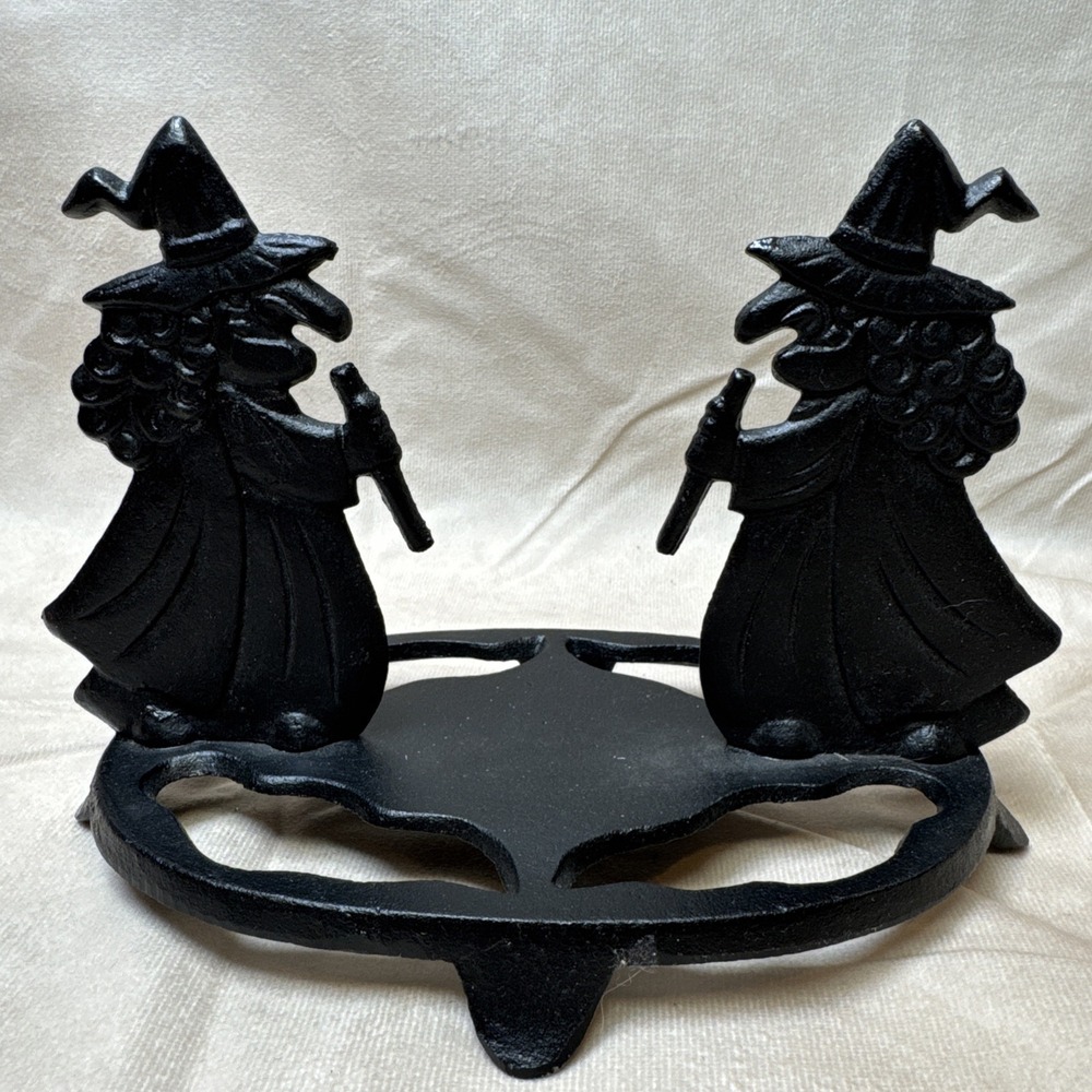 Cast Iron Witches Stirring Cauldron "Candle" Candleholder Halloween 6" H 8" Base